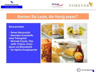 Unsere täglichen Verbrauchsprodukte Bienenprodukte Reines Naturprodukt  Besondere Aromastoffe,  hoher Pollengehalt Wertvolle Enzyme, Vital- stoffe, Proteine, Amino- säuren und Mineralstoffe Der tägliche Energiespender Kennen Sie Leute, die Honig essen? 