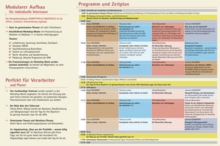 Programm und Zeitplan
Modularer Aufbau
                                                                   8:30 Eintreffen der Teilnehmer und Akkreditierung
   für individuelle Interessen                                     9:00 Im gemeinsamen Morgen-Plenum: Begrüßung und Vorstellung, Einführung in die Veranstaltung mit Info zum Ablauf und Erklärung des Modul-Prinzips
                                                                   9:30 RA Weglage, Fachanwalt für Bau- und Architektenrecht
Die Kompaktschulung SCHNITTSTELLE BAUSTELLE ist als                     Worauf achten bei Abnahme, Gewährleistung und Mängelanzeige?
offene, modulare Veranstaltung angelegt.                          10.00 Pause
                                                                  10:10 Praxis Inthermo                           Praxis pro clima                        Praxis BlowerDoor                         Seminar Klimagriff
                                                                        Sichere Anschlußdetails im Holzbau        Dachsanierung von außen -               Beurteilen von Luftleckagen               Was wird aus der Raumluft?
➞ Start im gemeinsamen Plenum mit allen Teilnehmern.
                                                                        Sichere Montage eines Holzfaser-WDVS      das Anschluss 1x1                       Die Planung der luftdichten Ebene wird    Dichte Fenster sind bei Sanierungen not-
➞ Anschließend Workshop-Blocks mit Praxisschulung an 		                 im Holzbau, inkl. Sockelbereich, Decken-  Luftdichte Anschlüsse sind bei der      anhand von Zeichnungen skizziert. Die     wendig. Ist ohne Nutzeranpassung keine
                                                                        übergang und fachgerechter Montage von Dachsanierung von außen das A&O.           zulässige Größe von Luftleckagen wird     schadenfreie Sanierung möglich?
  Modellen im Maßstab 1:1 in kleinen Arbeitsgruppen.                    leichten Gegenständen.                    Wer sich hier auskennt, kann sicher     thematisiert. Bewertung von Lufteindring-
                                                                                                                  kalkulieren und arbeiten.               stellen und Luftleckagen am BlowerDoor
   Themen:
                                                                                                                                                          Modell.
      Luftdichtung: Sanierung, Anschlüsse, Flachdach              10:55 Praxis Inthermo                           Praxis pro clima                        Praxis BlowerDoor                         Seminar pro clima
      Holzfaser-WDVS                                                    Sicher, Fenster, fehlerfrei               Knackpunkt sicher dichten im Detail     Die BlowerDoor Messung                    Brennpunkt Flachdach
      Qualitätssicherung BlowerDoor                                     Schlagregendichter und dauerhafter        Bei der Luftdichtung an Fenstern,       Einsatz des BlowerDoor MessSystems        Bauphysik ist gnadenlos – und gleichzeitig
                                                                        Anschluss des WDVS an Fenster und         Kabeln und Rohren steckt der Teufel     zur Qualitätssicherung auf der Baustelle  ein wichtiger Verbündeter. Wie Sie wirk-
      System zur Lüftungskontrolle                                      Fensterbank, inkl. einer wasserdichten    oft im Detail. Wie Profis hier Geld     (Tempomat-Funktion ohne Einsatz eines     lich sichere Flachdächer sogar nachweis-
      Recht: Abnahme und Gewährleistung                                 Unterfensterbank.                         verdienen und Bastler welches           Laptops). Durchführung einer abschlie-    frei bauen können.
      Förderung: Aktuelle Programme der KfW                                                                       mitbringen.                             ßenden BlowerDoor Messung nach EnEV
                                                                                                                                                          am Modell.
➞ Die Praxisschulungen im Workshop-Block werden 	                 11:40 Praxis Inthermo                           Praxis pro clima                        Praxis BlowerDoor                         Seminar Inthermo
  zweimal wiederholt. So besteht die Möglichkeit, an allen 		           Sichere Anschlußdetails im Holzbau        Dachsanierung von außen -               Beurteilen von Luftleckagen               Brandschutz mit Holzfaser-WDVS
  Praxisangeboten teilzunehmen.                                                                                   das Anschluss 1x1                                                                 Konstruktive Möglichkeiten mit dem
                                                                                                                                                                                                    INTHERMO-WDVS bei Brandschutzanfor-
                                                                                                                                                                                                    derungen (F90-B) inkl. Vorschriften der
                                                                                                                                                                                                    Landesbauordnungen.
                                                                  12:20 Gemeinsames Mittagessen

Perfekt für Verarbeiter                                           13:15 Im Mittags-Plenum: Zwischenstand, Fragen, Reflexion und Ausblick
                                                                  13:30 KfW Referenten-Team
    und Planer                                                          Der Tipp für Ihren Bauherrn: So günstig finanziert man mit der KfW. Manchmal sogar mit Zinsen unter 0%.
                                                                  14:15 Kaffeepause
                                                                  14:30 Praxis Inthermo                           Praxis pro clima                        Praxis BlowerDoor                         Seminar Klimagriff
➞ Vier hochkarätige Seminare werden parallel zu den 		
                                                                        Sicher, Fenster, fehlerfrei               Knackpunkt sicher dichten im Detail     Die BlowerDoor Messung                    Klimagriff Montage und Inbetriebnahme
  Workshop-Blocks angeboten. Sie können die Schulung also                                                                                                                                           am Fenstermodell. Wie werden Nutzer
  nach Ihrem Interesse frei gestalten: mit praktischen Übungen,                                                                                                                                     beim richtigen Lüften unterstützt.
  Theorieseminaren oder einer Kombination aus beidem.             15:15 Praxis Inthermo                           Praxis pro clima                        Praxis BlowerDoor                         Seminar BlowerDoor
                                                                        Sichere Anschlußdetails im Holzbau        Dachsanierung von außen -               Beurteilen von Luftleckagen               Gründe für die luftdichte Gebäudehülle
➞ Der Blick über den Tellerrand                                                                                   das Anschluss 1x1                                                                 Einfluss von Wind/Auftrieb. Wohnungs-
                                                                                                                                                                                                    lüftung über Fenster und Luftleckagen.
  Thema Recht: Worauf achten bei Abnahme, Gewährleistung                                                                                                                                            Bauschadenspotenzial: Einströmender
  und Mängelanzeige? Und der Tipp für Ihre Bauherrn:                                                                                                                                                Wasserdampf in die Konstruktion. Me-
  So günstig finanziert man mit der KfW.                                                                                                                                                            thoden der Leckageortung. Zu messende
                                                                                                                                                                                                    Gebäudegrößen.
                                                                  16:00 Praxis Inthermo                           Praxis pro clima                        Praxis BlowerDoor                         Seminar Klimagriff
➞ Gemeinsame Pausen und Abschluss-Plenum
                                                                        Sicher, Fenster, fehlerfrei               Knackpunkt sicher dichten im Detail     Die BlowerDoor Messung                    Klimagriff Lüftungsprotokoll
  bieten Raum zum Erfahrungsaustausch und Netzwerken.                                                                                                                                               Erstellen und bewerten eines Lüftungs-
                                                                                                                                                                                                    protokolls per Software. Wurde richtig
    Der Impulsvortrag „Raus aus der Preisfalle - warum billig 	                                                                                                                                     gelüftet oder nicht?
    eigentlich teuer ist“ im Abschluss-Plenum gibt Ihnen 	        16:40 Pause
    Tipps, wie Sie mit guter Arbeit den Grundstein für            16:50 Im Abschluss-Plenum: Impulsvortrag
                                                                        Der Weg aus der Preisfalle: Warum billig eigentlich teuer ist
    Folgeaufträge legen können und rundet den Tag für Sie ab.     17:00 Gemeinsame Schlussrunde: Ein Resumée des Tages, Teilnahmezertifikate und Abschiedsgeschenk
                                                                  17:15 Ende
 