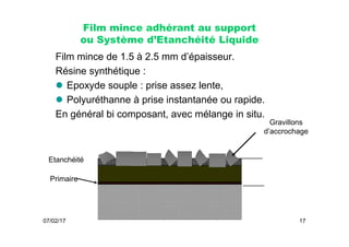 Film mince adhérant au support
ou Système d’Etanchéité Liquide
Film mince de 1.5 à 2.5 mm d’épaisseur.
Résine synthétique :
 Epoxyde souple : prise assez lente,
 Polyuréthanne à prise instantanée ou rapide.
En général bi composant, avec mélange in situ.
Gravillons
07/02/17 17
Etanchéité
Primaire
Gravillons
d’accrochage
 