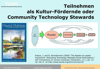 TUHH                    Teilnehmen
Technische Universität Hamburg-Harburg




                als Kultur-Fördernde oder
           Community Technology Stewards




                                          Preece, J. and B. Shneiderman (2009) “The Reader-to-Leader
                                          Framework: Motivating Technology-Mediated Social Participation,”
                                          AIS Transactions on Human-Computer Interaction, (1) 1, pp. 13-
                                          32, hier S. 16 http://aisel.aisnet.org/thci/vol1/iss1/5/


    www.tub.tu-harburg.de                Thomas Hapke, Mai 2010          Nachdenken über Informationskompetenz
 
