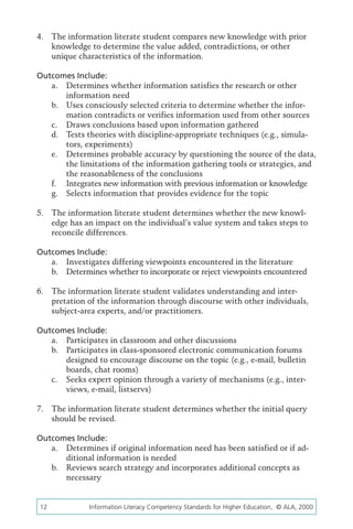 4.	 The information literate student compares new knowledge with prior
    knowledge to determine the value added, contradictions, or other
    unique characteristics of the information.

Outcomes Include:
   a.	 Determines whether information satisfies the research or other
       information need
   b.	 Uses consciously selected criteria to determine whether the infor-
       mation contradicts or verifies information used from other sources
   c.	 Draws conclusions based upon information gathered
   d.	 Tests theories with discipline-appropriate techniques (e.g., simula-
       tors, experiments)
   e.	 Determines probable accuracy by questioning the source of the data,
       the limitations of the information gathering tools or strategies, and
       the reasonableness of the conclusions
   f.	 Integrates new information with previous information or knowledge
   g.	 Selects information that provides evidence for the topic

5.	 The information literate student determines whether the new knowl-
    edge has an impact on the individual’s value system and takes steps to
    reconcile differences.

Outcomes Include:
   a.	 Investigates differing viewpoints encountered in the literature
   b.	 Determines whether to incorporate or reject viewpoints encountered

6.	 The information literate student validates understanding and inter-
    pretation of the information through discourse with other individuals,
    subject-area experts, and/or practitioners.

Outcomes Include:
   a.	 Participates in classroom and other discussions
   b.	 Participates in class-sponsored electronic communication forums
       designed to encourage discourse on the topic (e.g., e-mail, bulletin
       boards, chat rooms)
   c.	 Seeks expert opinion through a variety of mechanisms (e.g., inter-
       views, e-mail, listservs)

7.	 The information literate student determines whether the initial query
    should be revised.

Outcomes Include:
   a.	 Determines if original information need has been satisfied or if ad-
       ditional information is needed
   b.	 Reviews search strategy and incorporates additional concepts as
       necessary


12	           Information Literacy Competency Standards for Higher Education, © ALA, 2000
 