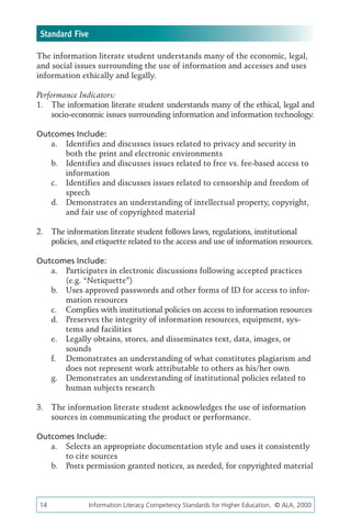 Standard Five

The information literate student understands many of the economic, legal,
and social issues surrounding the use of information and accesses and uses
information ethically and legally.

Performance Indicators:
1.	 The information literate student understands many of the ethical, legal and
    socio-economic issues surrounding information and information technology.

Outcomes Include:
   a.	 Identifies and discusses issues related to privacy and security in
       both the print and electronic environments
   b.	 Identifies and discusses issues related to free vs. fee-based access to
       information
   c.	 Identifies and discusses issues related to censorship and freedom of
       speech
   d.	 Demonstrates an understanding of intellectual property, copyright,
       and fair use of copyrighted material

2.	 The information literate student follows laws, regulations, institutional
    policies, and etiquette related to the access and use of information resources.

Outcomes Include:
   a.	 Participates in electronic discussions following accepted practices
       (e.g. “Netiquette”)
   b.	 Uses approved passwords and other forms of ID for access to infor-
       mation resources
   c.	 Complies with institutional policies on access to information resources
   d.	 Preserves the integrity of information resources, equipment, sys-
       tems and facilities
   e.	 Legally obtains, stores, and disseminates text, data, images, or
       sounds
   f.	 Demonstrates an understanding of what constitutes plagiarism and
       does not represent work attributable to others as his/her own
   g.	 Demonstrates an understanding of institutional policies related to
       human subjects research

3.	 The information literate student acknowledges the use of information
    sources in communicating the product or performance.

Outcomes Include:
   a.	 Selects an appropriate documentation style and uses it consistently
       to cite sources
   b.	 Posts permission granted notices, as needed, for copyrighted material



14	              Information Literacy Competency Standards for Higher Education, © ALA, 2000
 