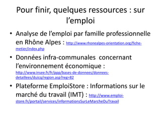 Pour finir, quelques ressources : sur
l’emploi
• Analyse de l’emploi par famille professionnelle
en Rhône Alpes : http://www.rhonealpes-orientation.org/fiche-
metier/index.php
• Données infra-communales concernant
l’environnement économique :
http://www.insee.fr/fr/ppp/bases-de-donnees/donnees-
detaillees/duicq/region.asp?reg=82
• Plateforme EmploiStore : Informations sur le
marché du travail (IMT) : http://www.emploi-
store.fr/portail/services/informationsSurLeMarcheDuTravail
 
