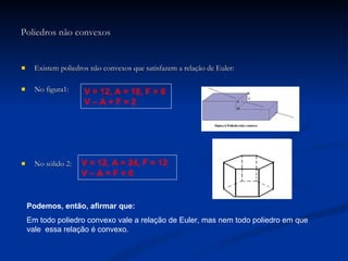Poliedros não convexos Existem poliedros não convexos que satisfazem a relação de Euler: No figura1: No sólido 2:  V = 12, A = 24, F = 12 V – A + F = 0 V = 12, A = 18, F = 8 V – A + F = 2 Podemos, então, afirmar que: Em todo poliedro convexo vale a relação de Euler, mas nem todo poliedro em que vale  essa relação é convexo. 