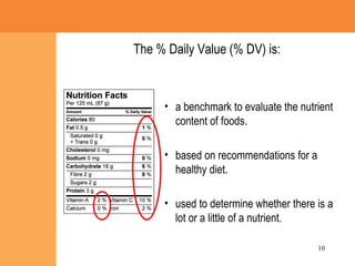 The % Daily Value (% DV) is: a benchmark to evaluate the nutrient content of foods. based on recommendations for a healthy diet.  used to determine whether there is a lot or a little of a nutrient. 