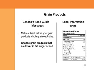 Grain Products Canada’s Food Guide Messages Make at least half of your grain products whole grain each day. Choose grain products that are lower in fat, sugar or salt. Label Information Bread 