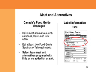 Meat and Alternatives Canada’s Food Guide Messages Have meat alternatives such as beans, lentils and tofu often. Eat at least two Food Guide Servings of fish each week.   Select lean meat and alternatives prepared with little or no added fat or salt. Label Information Tuna 