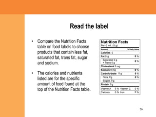 Read the label Compare the Nutrition Facts table on food labels to choose products that contain less fat, saturated fat, trans fat, sugar and sodium. The calories and nutrients listed are for the specific amount of food found at the top of the Nutrition Facts table. 