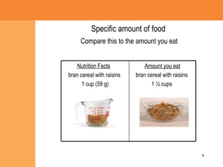 Specific amount of food   Compare this to the amount you eat Amount you eat bran cereal with raisins  1  ½ cups  Nutrition Facts   bran cereal with raisins  1 cup (59 g) 