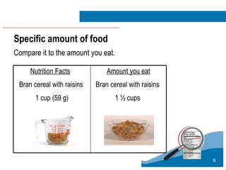 Specific amount of food   Compare it to the amount you eat. Amount you eat Bran cereal with raisins  1  ½ cups  Nutrition ...