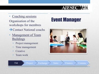 • Coaching sessions
Organisation of the                   Event Manager
workshops for membres
Contact National coachs
• Management of Team
  Buildings
  •   Project management
  •   Time management
  •   Creative
  •   Team work

      TM      Project      Exchange   Sales   Finance   Commu
 
