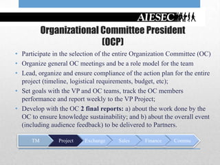 Organizational Committee President
                          (OCP)
• Participate in the selection of the entire Organization Committee (OC)
• Organize general OC meetings and be a role model for the team
• Lead, organize and ensure compliance of the action plan for the entire
  project (timeline, logistical requirements, budget, etc);
• Set goals with the VP and OC teams, track the OC members
  performance and report weekly to the VP Project;
• Develop with the OC 2 final reports: a) about the work done by the
  OC to ensure knowledge sustainability; and b) about the overall event
  (including audience feedback) to be delivered to Partners.

      TM       Project   Exchange     Sales    Finance    Commu
 