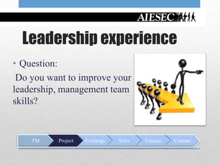 Leadership experience
• Question:
 Do you want to improve your
leadership, management team
skills?


    TM    Project   Exchange   Sales   Finance   Commu
 