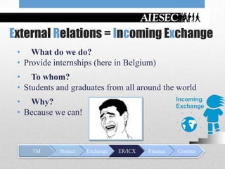 External Relations = Incoming Exchange
 • What do we do?
 • Provide internships (here in Belgium)
 • To whom?
 • Students and graduates from all around the world
 • Why?
 • Because we can!



     TM      Project   Exchange   ER/ICX   Finance   Commu
 