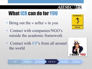 What ICX can do for YOU
• Bring out the « seller » in you
• Contact with companies/NGO’s
  outside the academic framework
• Contact with EP’s from all around
  the world


    TM     Project   Exchange   ER/ICX   Finance   Commu
 