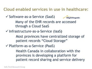 What is Cloud Computing?
• Abstracted compute resources (processor cycles,
memory, storage) that are typically derived from
aggregated and virtualized commodity hardware.
• This aggregated and virtualized infrastructure is typically
owned by an external third party (outside IT).
• Application workloads are provisioned by these
abstracted resources which are elastic (they scale up
with need).
• Cloud service customers share access to these resources
(typically via the Internet) in a multi-tenant
environment.
Info-Tech Research Group
Shorthand
Multi-tenancy
Elastic
On-demand
 