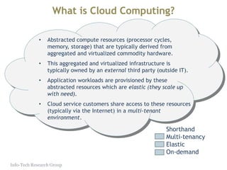 Cloud computing in healthcare: You have
used it, you just don’t know it.
Ontario e-health model, US Veterans Affairs Dept. VistA 8
Cloud PaaS
The security that allows vendors (Diagnostic labs, Pharmacies) access to upload relevant information and
have it rationalized with patient records.
The underlying operational processes that allows for audits and controls for information quality and use.
(i.e. Clinical research)
Cloud SaaS
Patient records
Cloud IaaS
Patient data processing and analysis
Cloud IaaS
Storage
Central provincial
databases
“The portal”
 
