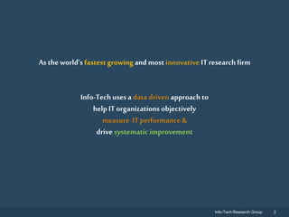 Info-Tech Research Group 2Info-Tech Research Group 2
As theworld’s fastest growing and most innovative ITresearchfirm
Info-Techusesa data driven approach to
help ITorganizations objectively
measure ITperformance&
drive systematic improvement
 