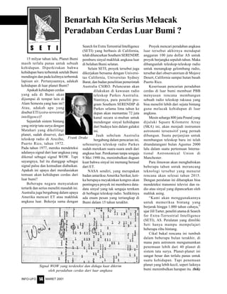 MARET 2001INFO-UFO 14
S E T I
15 milyar tahun lalu, Planet Bumi
masih terlalu panas untuk sebuah
kehidupan. Diperkirakan bahwa
kehidupan baru terbentuk setelah Bumi
mendingin dan pada kulitnya terbentuk
lapisan air. Pertanyaannya, adakah
kehidupan di luar planet Bumi?
Apakah kehidupan cerdas
yang ada di Bumi akan
dijumpai di tempat lain di
Alam Semesta yang luas ini?
Atau, adakah apa yang
disebut ETI (extra-terrestrial
intelligence)?
Sejumlah sistem bintang
yang mirip tata surya dengan
Matahari yang dikelilingi
planet, sudah disurvei, dari
teleskop radio di Arecibo,
Puerto Rico, tahun 1972.
Pada tahun 1977, mereka mendeteksi
adalanya signal dari luar angkasa yang
dikenal sebagai signal WOW. Tapi
sayangnya, hal itu dianggap sebagai
signal palsu dan kemudian diabaikan.
Apakah ini upaya dari merahasiakan
temuan akan kehidupan cerdas dari
luar bumi?
Beberapa negara menyatakan
tertarik dan serius meneliti masalah ini.
Australia juga bergabung dalam upaya
Amerika mencari ET atau makhluk
angkasa luar. Bekerja sama dengan
Search for Extra Terrestrial Intelligence
(SETI) yang berbasis di California,
telah diluncurkan Southern SERENDIP,
pemburu sinyal makhluk angkasa luar
di belahan Bumi selatan.
Selain SETI, proyek tersebut juga
dikerjakan bersama dengan Universi-
tas California, Universitas Sydney
Barat, dan badan penelitian pemerintah
Australia CSIRO. Peluncuran akan
dilakukan di kawasan radio
teleskop Parkes Australia.
Nantinya, para peneliti pro-
gram Southern SERENDIP di
Parkes selama lima tahun ke
depan akan memantau 72 juta
kanal secara si-multan untuk
mendengar sinyal kehidupan
dari budaya lain dalam galaksi
ini.
Jauh sebelum Australia
bergabung dalam pencarian ini,
sebenarnya teleskop radio Parkes
sudah merekam suara-suara aneh dari
angkasa luar. Perekaman tanpa sengaja
9 Mei 1990 itu, menimbulkan dugaan
kuat bahwa sinyal ini memang berasal
dari ET.
NASA sendiri, yang merupakan
badan antariksa Amerika Serikat, keti-
ka berupaya meyakinkan kongres akan
pentingnya proyek ini membawa data-
data sinyal yang tak sengaja terekam
di berbagai teleskop radio. Sedikitnya
ada enam pesan yang tertangkap di
Bumi dalam 15 tahun terakhir.
Benarkah Kita Serius Melacak
Peradaban Cerdas Luar Bumi ?
Proyek mencari peradaban angkasa
luar tersebut akhirnya mendapat
anggaran 100 juta dollar AS untuk
proyek berjangka sepuluh tahun. Maka
dibangunlah teleskop-teleskop radio
untuk menangkap gelombang radio,
tersebar dari observatorium di Mojave
Desert, California sampai hutan basah
Puerto Rico.
Keseriusan pencarian peradaban
cerdas di luar bumi membuat PBB
menyusun rencana membangun
sebuah radio teleskop raksasa yang
bisa meneliti lebih dari sejuta bintang
guna melacak kehidupan di luar
angkasa.
Mesin seharga 800 juta Pound yang
dijuluki Square Kilometre Array
(SKA) ini, akan menjadi instrumen
astronomi tersensitif yang pernah
dibangun. Suatu perjanjian untuk
membangun teleskop baru ini telah
ditandatangani bulan Agustus 2000
lalu dalam suatu pertemuan Interna-
tional Astronomical Union di
Manchester.
Para ilmuwan akan menghabiskan
beberapa tahun untuk merancang
teknologi tersebut yang menurut
rencana akan selesai tahun 2015.
Dengan peralatan ini diharapkan bisa
mendeteksi transmisi televisi dan ra-
dio atau sinyal yang dipancarkan oleh
mahluk asing.
“Kami akan menggunakannya
untuk memeriksa bintang yang
berjarak hingga 1.000 tahun cahaya,”
ujar Jill Tarter, peneliti utama di Search
for Extra-Terrestrial Intelligence
(SETI), AS. Peralatan yang dimiliki
Seti hanya mampu mempelajari
beberapa ribu bintang.
Cikal bakal rencana ini tumbuh
dalam beberapa bulan terakhir, di
mana para astronom mengumumkan
penemuan lebih dari 40 planet di
sistem tata surya. Planet-planet ini
sangat besar dan terlalu panas untuk
suatu kehidupan. Tapi penemuan
planet yang lebih kecil, seperi laiknya
bumi menimbulkan harapan itu. (hik)
Frank Drake
Signal WOW yang terdeteksi dan diduga kuat dikirim
oleh peradaban cerdas dari luar angkasa
 