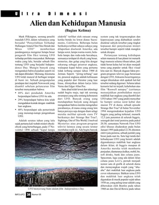 Nomor 05INFO-UFO 34
U l t r a D i m e n s i
AliendanKehidupanManusia
(Bagian Kelima)
Mark Pilkington, seorang peneliti
masalah UFO, dalam tulisannya yang
berjudul “Penyelidikan Terhadap
Hubungan Antara Film Fiksi Ilmiah dan
Mitos UFO” memberikan
pandangannya mengenai betapa besar
pengaruh film fiksi tentang UFO
terhadap perilaku masyarakat. Beberapa
waktu yang lalu, beredar sebuah film
tentang UFO yang berjudul Indepen-
dence Day. Mungin banyak yang
mengatakan bahwa kejadian seperti ini
tak dapat dihindari. Memang, fenomena
UFO telah muncul di berbagai tempat
di bumi ini. Sebuah pengumpulan
pendapat dari majalah Newsweek yang
diambil sebelum peluncuran film
tersebut menyatakan bahwa:
• 48% dari penduduk Amerika
berpendapat bahwa UFO itu ada.
• 29% berpendapat bahwa kita telah
mengadakankontakdengan makhluk
luar angkasa.
• 48% berpendapat ada pemerintah
yang menutup-nutupi pengetahuan
UFO.
Adalah seratus tahun yang lalu
sejak pertama kali wabah misteri obyek-
obyek yang berterbangan, pada 17 No-
vember 1896 sebuah “kapal lampu
elektrik” terlihat oleh ratusan orang
ketika benda itu lewat diatas Sacra-
mento, California. Beberapa bulan
berikutnya terlihat cahaya-cahaya yang
dilaporkan diseluruh Amerika; ada
lampu sorot, lampu warna-warni, bola-
bola lampu dan roda-roda bercahaya,
semuanya terdapat di obyek yang besar,
misterius, dan gelap yang kita dengar
sekarang sebagai pesawat angkasa,
walaupun kapal balon yang pertama
tidak terbang sampai tahun 1900 di
Jerman. Seperti “piring terbang” saat
ini, pesawat angkasa adalah kebiasaan
yang populer dari lileratur yang luar
biasa, ditonjolkan dalam karya Jules
Verne dan Edgar Allan Poe.
Satu abad telah lewat dan teknologi
sudah begitu maju, tapi tak seorang
awampun yang tahu tentang kebenaran
dari UFO. Banyak orang yang
mendapatkan banyak uang dengan
mengatakan bahwa mereka mengetahui
jawabannya, di mana orang-orang lain
hanya percaya saja dengan diam selagi
mereka melihat episode siara TV
berikutnya dari Strange But True?,
Sightings, Out of This World, Unsolved
Mysteries atau program-program
televisi lainnya yang secara teratur
membahas topik ini. Ada begitu banyak
system yang tak tergoncangkan dan
kepercayaan yang diabadikan sendiri
disekitar subyek tersebut yang tingkat
kepuasan dari penyelesaian misteri
tersebut hampir seperti tidak mungkin
untuk dicapai.
Pertanyaan tentang kehidupan
selain manusia di luar planet ini menarik
bagi manusia selama ribuan tahun, jadi
tidak heran kalau hal ini akan menjadi
tema yang populer untuk fiksi visual
kita saat ini. Banyak dugaan fakta pro-
gram-program televisi juga berurusan
dengan UFO, frekuensi keseringannya
sangat ditentukan oleh apakah hal-hal
tersebut sedang digemari. Selama tahun
kemarin hal ini terjadi; kehebohan atas
film “Roswell autopsy” (ceritanya
menunjukkan pembedahan mayat
makhluk luar angkasa yang diambil dari
UFO tahun 1947 yang jatuh) menyebar
ke hampir semua surat kabar dan
stasiun TV di dunia; sebuah episode
Strange But True? di bulan November
1994 mengemukakan kejadian UFO
Inggris yang paling terkenal, menarik
12,5 juta penonton di seluruh Inggris,
setengah dari total pemirsa pada pukul
20.30; sementara Network First UFO
edisi khusus diudarakan pada bulan
Januari 1995 pada pukul 22.30, ditonton
oleh 6 juta pemirsa, sebuah jumlah yang
besar pada saat itu. Satu lagi tanda dari
kebudayaan UFO yang berarti adalah
digunakannya makhluk luar angkasa
dalam iklan; di Inggris maupun di
Amerika mereka telah membantu
penjualan,diantaranyakulkas,mobil,bir,
soft drinks, bank dan celana jeans.
Spaceman, lagu yang ada dalam iklan
celana jeans Levi’s, pernah menjadi
nomor satu di grafik di seluruh dunia
dan menayangkan wajah yang “abu-
abu” dari makhluk luar angkasa pada
cover rekamannya. Bahkan tema UFO
dan makhluk luar angkasa telah
digunakan di musik populer sejak tahun
1950-an, yang paling tenar adalah yang
dibawakan oleh Beatles pada tahun
1960-an dan David Bowie pada tahunUFO menyerang bumi dalam film Independence Day.
 