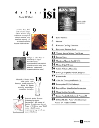 Nomor 05 INFO-UFO5
4 Surat Pembaca
6 Monitor
8 KomentarDr.GaryKinnaman
9 Encounter:JonathanReed
12 Vimana, Kereta Terbang Para Dewa
14 Face on Mars
18 MaraknyaManusiaDiculikUFO
24 MisteridiKuilAbydos
26 Galeri:WilliamLMcDonald
29 New Age : Supreme Master Ching Hai
32 ResensiBuku
34 AliendanKehidupanManusia(5)
40 Penampakan UFO di Indonesia
42 ResensiFilm:MonolithdanInterceptors
44 MisteriSegitigaBermuda
47 Lacak : Adakah Kehidupan di Pegasus 51
49 CD-ROM : This Planet’s Most Complete
Guide to Close Encounters
DESAIN SAMPUL:
NUR & DEDDY
d a f t a r
isiNomor 05 Tahun I
18
14
9
44
Jonathan Reed. PhD.
telah bertemu dengan
sebuah makhluk yang
kemudian diidentifikasi
sebagai makhluk asing
dari luar angkasa. Dia
terlibat perkelahian
dengan alien tersebut....
Hampir 25 tahun Face on
Mars menjadi obyek
keanehan yang
diperdebatkan dan menjadi
sebuah spekulasi yang terus
menerus. Apakah yang
sebenarnya ada di sana?
Masalah UFO sulit diteliti
oleh karena kasus-
kasusnya penuh keganjilan.
Bapak R.J. Salatun
mengulas tentang kasus
penculikan oleh alien.
Benarkah misteri Segitiga
Bermuda telah dapat
diungkapkan? Ada tempat di
Segitiga Bermuda yang disebut
Tongue of the Ocean atau “Lidah
Lautan”. Lidah Lautan
mempunyai jurang bawah laut
(canyon) Bahama.
 