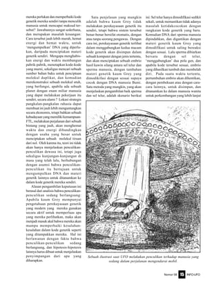 Nomor 08 INFO-UFO15
mereka perlukan dan memperbaiki kode
genetik mereka sendiri tanpa menculik
manusia untuk mencapai maksud ter-
sebut? Jawabannya sangat sederhana,
dan merupakan masalah keuangan:
Cara tersebut jauh lebih murah, hemat
energi dan hemat waktu, untuk
‘mengumpulkan’ DNA yang diperlu-
kan, daripada menciptakan materi
genetik sendiri. Mengapa menghabis-
kan energi dan waktu membangun
pabrik-pabrik, menetapkan kode-kode
yang murni, sekaligus mencari sebuah
sumber bahan baku untuk penciptaan
molekul duplikat, dan kemudian
merekonstruksi sebuah molekul utuh,
yang berfungsi, apabila ada sebuah
planet dengan enam miliar manusia
yang dapat melakukan pekerjaan itu
sendiri, secara alami ? Lokasi strategis
pangkalan-pangkalan rahasia dapat
membuat ini jauh lebih menguntungkan
secara ekonomis, tetapi bahkan sebuah
kebudayaanyangmemilikikemampuan-
FTL, melakukan perjalanan dari sebuah
bintang yang jauh, akan menghemat
waktu dan energi dibandingkan
dengan usaha yang besar untuk
menciptakan sebuah molekul tiruan
dari nol. Oleh karena itu, teori ini tidak
akan hanya menjelaskan penculikan-
penculikan dewasa ini, tetapi juga
sekaligus kunjungan-kunjungan di
masa yang telah lalu, berhubungan
dengan asumsi bahwa penculikan-
penculikan itu bertujuan untuk
mengumpulkan DNA dan materi
genetik lainnya untuk ditanamkan ke
dalam kode genetik mereka sendiri.
Alasan pengambilan keputusan ini
berasal dari analisis bahwa penculikan-
penculikan sedang berlangsung:
Apabila kaum Grey mempunyai
pengetahuan perekayasaan genetik
yang modern yang mereka gunakan
secara aktif untuk memperluas apa
yang mereka perlihatkan, maka akan
menjadi masuk akal bahwa mereka akan
mampu memperbaiki kesalahan-
kesalahan dalam kode genetik seperti
yang ditampakkan mereka. Hal ini
berlawanan dengan fakta bahwa
penculikan-penculikan sedang
berlangsung, dan hipotesis-hipotesis
lainnya harus dibuat untuk menjelaskan
penyimpangan dari apa yang
diharapkan.
Satu penjelasan yang mungkin
adalah bahwa kaum Grey tidak
melakukan perekayasaan genetik itu
sendiri, tetapi bahwa sistem tersebut
benar-benar bersifat otomatis, dengan
atau tanpa seorang pengawas. Dengan
cara ini, perekayasaan genetik terlibat
dalam menggabungkan kedua macam
kode genetik akan disimpan dalam
sebuah komputer dengan jenis tertentu,
dan akan menciptakan sebuah embrio
hasil kawin silang antara sel telur dan
sperma manusia, dengan tambahan
materi genetik kaum Grey yang
dimodikifasi dengan sesuai supaya
cocok dengan DNA manusia Bumi.
Satu metoda yang mungkin, yang akan
menjelaskan pengambilan baik sperma
dan sel telur, adalah skenario berikut
ini: Sel telur hanya dimodifikasi sedikit
sekali, untuk memastikan tidak adanya
masalah ketidakcocokan dengan
rangkaian kode genetik yang baru.
Kemudian DNA dari sperma manusia
dipindahkan, dan digantikan dengan
materi genetik kaum Grey yang
dimodifikasi untuk saling bereaksi
dengan sesuai. Lalu sperma dibiarkan
bersatu dengan sel telur,
‘menggabungkan’ dua pola gen, dan
apabila kode tersebut sesuai, embrio
yang dihasilkan tumbuh dan membelah
diri. Pada suatu waktu tertentu,
pertumbuhan embrio akan dihentikan,
dengan pembekuan atau dengan cara-
cara lainnya, untuk disimpan, dan
ditanamkan ke dalam manusia wanita
untuk perkembangan yang lebih lanjut
Sebuah ilustrasi saat UFO melakukan penculikan terhadap manusia yang
sedang dalam perjalanan mengendarai mobil.
 