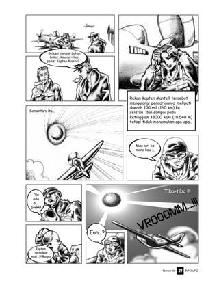 Nomor 08 INFO-UFO27
Rekan Kapten Mantell tersebut
mengulangi pencariannya meliputi
daerah 100 mil (160 km) ke
selatan dan sampai pada
ketinggian 33000 kaki (10.540 m)
tetapi tidak menemukan apa-apa...
Mau lari ke
mana kau ...
VROOOMM....!!!
Sementara itu...
Selesai mengisi bahan
bakar, kau cari lagi
posisi Kapten Mantell !
Dia
ada
di...
Srrkk!!
...
Euh...?
Kapten,
batalkan
misi...!!! Roger
Tiba-tiba !!!
 