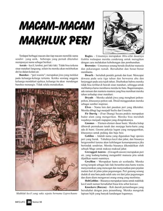 Nomor 08INFO-UFO 36
Terdapat berbagai macam dan tiap macam memiliki nama
sendiri yang unik, beberapa yang pernah diketahui
mempunyai nama sebagai berikut :
Asrais – kecil, lembut, peri laki-laki. Tidak bisa terkena
sinar matahari langsung; selain itu mereka akan meleburkan
diri ke dalam kolam air.
Banshee – “peri wanita”; merupakan jiwa yang melekat
pada keluarga-kelurga tertentu. Ketika seorang anggota
keluarga mendekati ajalnya, keluarga itu akan mendengar
banshee menangis. Tidak selalu menakutkan.
Bogles – Umumnya merupakan iblis-sifat dasarnya
Goblin walaupun mereka cenderung untuk merugikan
dengan cara melakukan kebohongan dan pembunuhan.
Brownies – Umumnya senang berada disekitar manusia
dan pekarangan rumah. Bersahabat dan benar-benar
membantu.
Dwarfs – bertubuh pendek gemuk dan kuat. Mencapai
dewasa pada usia tiga tahun dan berwarna abu dan
berjenggot pada usia tujuh tahun. Disebutkan bahwa mereka
tidak bisa terlihat di bawah sinar matahari, sehingga untuk
melihatnya harus membawa mereka ke batu. Bagaimanapun,
ada ramuan dan mantera-mantera yang bisa membuat mereka
tahan terhadap sinar matahari.
Dryads - Mereka adalah jiwa yang menghuni pohon-
pohon, khususnya pohon oak. Druid menggunakan mereka
sebagai sumber inspirasi.
Elves – Nama lain dari pasukan peri yang diketahui.
Mereka dibagi lagi menjadi Seelie dan Unseelie.
Fir Darrig – (Fear Deang) Secara praktis merupakan
badut alam yang mengerikan. Mereka bisa merubah
wajahnya menjadi siapapun yang diinginkannya.
Gnomes - Elemen-elemen dasar bumi. Mereka hidup
dibawah permukaan tanah dan menjaga harta-harta yang
ada di bumi. Gnome pekerja logam yang mengagumkan,
khususnya untuk pedang dan baju besi.
Goblins – Adalah nama yang digunakan bagi spesies
peri yang buruk. Tubuhnya kecil dan jahat, dan biasanya
bergerombol karena akan kehilangan kemampuannya jika
bertindak sendirian. Mereka biasanya dikendalikan oleh
sebuah Mage untuk maksus-maksud jahat.
Gwragged Annwn – (Gwageth anoon) merupakan peri
air, yang kadang-kadang mengambil manusia pria untuk
dijadikan suami-suaminya.
Gwyllion – Merupakan hantu air scotlandia. Mereka
sering tampak sebagai laki-laki berambut atau hantu wanita
menyeramkan yang mencegat dan menyesatkan para pejalan
malam hari di jalan-jalan pegunungan. Peri gunung senang
duduk di atas batu pada salah satu sisi dari jalur pegunungan
dan diam-diam mengawasi orang-orang yang menlintas.
HobGoblins – Biasanya merupakan nama untuk makhluk
kecil aneh namun bersahabat biasa kita sebut kurcaci.
Knockers (Buccas) – Roh daerah pertambangan yang
bersahabat dengan para penambang. Mereka mengetuk
lapisan bijih yang banyak kandungan logamnya.
Macam-Macam
Makhluk Peri
Makhluk kecil yang suka sepatu bernama Leprechauns
 