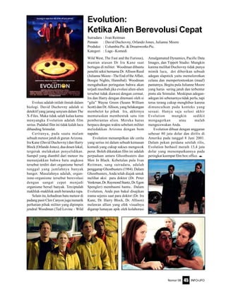 Nomor 08 INFO-UFO45
Evolusi adalah istilah ilmiah dalam
biologi. David Duchovny adalah si
detektif yang jarang senyum dalam The
X-Files. Maka tidak salah kalau kamu
menyangka Evolution adalah film
serius. Padahal film ini tidak kalah lucu
dibanding Srimulat.
Ceritanya, pada suatu malam
sebuah meteor jatuh di gurun Arizona.
Ira Kane (David Duchovny) dan Harry
Block (Orlando Jones), dua dosen lokal,
tergerak melakukan penyelidikan.
Sampel yang diambil dari meteor itu
menunjukkan bahwa batu angkasa
tersebut terdiri dari organisme bersel
tunggal yang jumlahnya banyak
banget. Masalahnya adalah, organ-
isme-organisme tersebut berevolusi
dengan sangat cepat menjadi
organisme bersel banyak. Terciptalah
makhluk-makhluk aneh beraneka rupa.
Selain itu, kehadiran batu meteor di
padang pasir Clen Canyon juga menarik
perhatian pihak militer yang dipimpin
jendral Woodman (Ted Levine - Wild
Evolution:
Ketika Alien Berevolusi Cepat
Sutradara : Ivan Reitman
Pemain : David Duchovny, Orlando Jones, Julianne Moore
Produksi : Columbia Pic. & Dreamworks Pic.
Kategori : Laga - Komedi
Wild West, The Fast and the Furious),
mantan atasan Dr Ira Kane saat
bertugas di militer. Woodman dibantu
peneliti seksi bernama Dr. Allison Reed
(Julianne Moore - The End of the Affair,
Boogie Nights, Hannibal). Woodman
mengabaikan peringatan bahwa akan
terjadi musibah jika evolusi alien-alien
tersebut tidak diawasi dengan cermat.
Ira dan Harry dengan ditemani oleh si
“gila” Wayne Green (Seann William
Scott) dan Dr. Allison, yang belakangan
membelot ke pihak Ira, akhirnya
memutuskan membentuk satu tim
pemberantas alien. Mereka harus
berpacu dengan waktu sebelum militer
meledakkan Arizona dengan bom
napalm.
Evolution menampilkan ide cerita
yang serius ini dalam sebuah kemasan
komedi yang cukup sukses mengocok
perut. Boleh dikatakan film ini adalah
perpaduan antara Ghostbusters dan
Men In Black. Kebetulan pula Ivan
Reitman, sang sutradara, adalah
penggarap Ghostbusters (1984). Dalam
Ghostbusters, Anda telah diajak untuk
melihat aksi para doktor (Dr. Peter
Venkman,Dr.RaymondStantz,Dr.Egon
Spengler) membasmi hantu.. Dalam
Evolution, Anda pun bakal disajikan
irama sejenis saat para doktor (Dr. Ira
Kane, Dr. Harry Block, Dr. Allison)
melawan allien yang efek visualnya
digarap lumayan apik oleh kolaborasi
Amalgamated Dynamics, Pacific Data
Images, dan Tippett Studio. Mungkin
karena melihat Duchovny tidak punya
mimik lucu, doi diberikan sebuah
adegan slapstick yaitu memelorotkan
celana dan mempertontonkan (maaf)
pantatnya. Begitu pula Julianne Moore
yang harus sering jatuh dan terbentur
pintu ala Srimulat. Meskipun adegan-
adegan ini sebenarnya tidak perlu, tapi
terus terang cukup menghibur karena
dimunculkan pada konteks yang
sesuai. Hanya saja solusi akhir
Evolution mungkin sedikit
mengagetkan atau malah
mengecewakan Anda.
Evolution dibuat dengan anggaran
sebesar 80 juta dolar dan dirilis di
Amerika pada tanggal 8 Juni 2001.
Dalam pekan perdana setelah rilis,
Evolution berhasil meraih 13,4 juta
dolar yang menempatkannya pada
peringkat keempat film box office. e
 