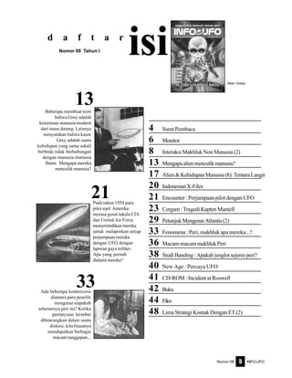 Nomor 08 INFO-UFO5
4 Surat Pembaca
6 Monitor
8 Interaksi Makhluk Non Manusia (2)
13 Mengapaalienmenculikmanusia?
17 Alien&KehidupanManusia(8):TentaraLangit
20 IndonesianX-Files
21 Encounter:PerjumpaanpilotdenganUFO
23 Cergam:TragediKaptenMantell
29 PetunjukMengenaiAtlantis(2)
33 Fenomena : Peri, makhluk apa mereka...?
36 Macam-macammakhlukPeri
38 StudiBanding:Apakahjenglotsejenisperi?
40 New Age : Percaya UFO
41 CD-ROM : Incident at Roswell
42 Buku
44 Film
48 Lima Strategi Kontak Dengan ET (2)
d a f t a r
isiNomor 08 Tahun I
33
21
13
Alien Greys
Beberapa membuat teori
bahwa Grey adalah
keturunan manusia modern
dari masa datang. Lainnya
menyatakan bahwa kaum
Grey adalah suatu
kehidupan yang sama sekali
berbeda tidak berhubungan
dengan manusia-manusia
Bumi. Mengapa mereka
menculik manusia?
Pada tahun 1954 para
pilot sipil Amerika
merasa gusar takala CIA
dan United Air Force
memerintahkan mereka
untuk melaporkan setiap
perjumpaan mereka
dengan UFO dengan
laporan gaya militer.
Apa yang pernah
dialami mereka?
Ada beberapa kontroversi
diantara para peneliti
mengenai siapakah
sebenarnya peri itu? Ketika
pertanyaan tersebut
dibincangkan dalam suatu
diskusi, kita biasanya
mendapatkan berbagai
macam tanggapan...
 