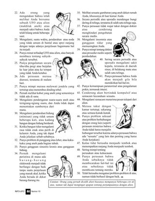 Nomor 10INFO-UFO 44
22. Ada orang yang
mengatakan bahwa telah
melihat Anda bersama
sebuah UFO atau alien
(makhluk aneh) atau
menjadi saksi bahwa Anda
telah hilang untuk beberapa
saat.
23. Mengalami, suatu waktu, pendarahan atau noda
yang tidak umum di bantal atau sprei ranjang
dengan tanpa adanya penjelasan bagaimana hal
itu terjadi.
24. Punya minat terhadap UFO atau alien, atau banyak
membaca tentang subyek-
subyek tersebut.
25. Punya pengalaman secara
tiba-tiba pergi atau berjalan
ke luar jalan atau ke tempat
yang tidak Anda ketahui.
26. Ada perasaan merasa
diawasi, terutama di malam
hari.
27. Punya mimpi merasa melewati jendela yang
tertutup atau menembus dinding tebal.
28. Pernah melihat kabut yang aneh yang semestinya
tidak ada di sana.
29. Mengalami pendengaran suara-suara aneh atau
terngiang-ngiang suara, dan Anda tidak dapat
menentukan sumbernya dari
mana.
30. Mengalami pendarahan hidung
(mimisan) yang tidak umum
beberapa kali, atau kadang
bangundenganhidungberdarah.
31. Ketika bangun tidur mengalami
rasa tidak enak atau perih di
kelamin Anda, yang tak dapat
Anda jelaskan sebab-sebabnya.
32. Punya problem di punggung atau leher, atau kaku-
kaku yang aneh pada bagian tubuh.
33. Punya gangguan sinusitis kronis atau gangguan
hidung.
34. Pernah mengalami
peristiwa di mana ada
b a r a n g - b a r a n g
elektronik menjadi tidak
berfungsi dengan baik
tanpa suatu penjelasan
yang masuk akal, ketika
Anda berada di dekat
barang-barang itu.
35. Melihat sesuatu gambaran yang aneh dekat rumah
Anda, khususnya di luar kamar Anda.
36. Secara periodik atau sporadis mendengar bungi
dering di telinga, terutama di salah satu telinga saja.
37. Punya perasaan tidak wajar takut dengan dokter
atau cenderung
menghindari pengobatan
secara medis.
38. Mengalami insomnia atau
gangguan tidur yang
memusingkan Anda.
39. Punyamimpitentangdokter
atau prosedur medis seperti
pembedahan.
42. Punya kemampuan paranormal atau pengalaman
psikis, termasuk intuisi.
43. Cenderung akan bertindak kompulsif atau
semacam kecanduan sesuatu.
44. Mengalami semacam menerima pesan telepati dari
alien.
45. Merasa takut dengan
kamar tertutup, sekarang
atau semasa kanak-kanak.
46. Punya problem seksual
atau problem berhubungan
dengan orang lain (seperti
perasaan misterius bahwa
Anda tidak harus menjalin
hubungan tersebut karena adanya perasaan bahwa
ada “sesuatu” yang lain dan penting yang harus
Anda kerjakan)
47. Kalau tidur berusaha menjauhi tembok atau
menempatkan ranjang Anda menjauhi tembok.
48. Sering mimpi tentang
perusakan atau kekacauan.
49. Punya perasaan bahwa
Anda sebaiknya tidak
membicarakan hal-hal ini
atau sebaiknya tidak
membicara tentang mereka.
50. Telah berusaha mengatasi problem-problem di atas,
namun tidak berhasil dengan baik. e
40. Sering secara periodik atau
sporadis mengalami sakit
kepala, terutama di daerah
sinus, di belakang mata atau
salah satu telinga.
41. Punya perasaan bahwa Anda
akan menjadi gila bila
memikirkan hal-hal ini.
Catatan: Orang yang pernah diculik alien biasanya mempunyai beberapa ciri di
atas, namun tak dapat mengingat apapun tentang perjumpaannya dengan alien.
 