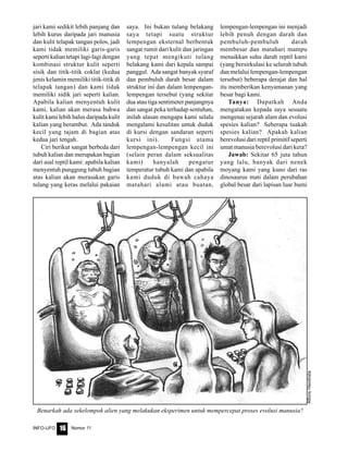 Nomor 11INFO-UFO 16
jari kami sedikit lebih panjang dan
lebih kurus daripada jari manusia
dan kulit telapak tangan polos, jadi
kami tidak memiliki garis-garis
seperti kalian tetapi lagi-lagi dengan
kombinasi struktur kulit seperti
sisik dan titik-titik coklat (kedua
jenis kelamin memiliki titik-titik di
telapak tangan) dan kami tidak
memiliki sidik jari seperti kalian.
Apabila kalian menyentuh kulit
kami, kalian akan merasa bahwa
kulit kami lebih halus daripada kulit
kalian yang berambut. Ada tanduk
kecil yang tajam di bagian atas
kedua jari tengah.
Ciri berikut sangat berbeda dari
tubuh kalian dan merupakan bagian
dari asal reptil kami: apabila kalian
menyentuh punggung tubuh bagian
atas kalian akan merasakan garis
tulang yang keras melalui pakaian
saya. Ini bukan tulang belakang
saya tetapi suatu struktur
lempengan eksternal berbentuk
sangat rumit dari kulit dan jaringan
yang tepat mengikuti tulang
belakang kami dari kepala sampai
panggul. Ada sangat banyak syaraf
dan pembuluh darah besar dalam
struktur ini dan dalam lempengan-
lempengan tersebut (yang sekitar
dua atau tiga sentimeter panjangnya
dan sangat peka terhadap sentuhan,
inilah alasan mengapa kami selalu
mengalami kesulitan untuk duduk
di kursi dengan sandaran seperti
kursi ini). Fungsi utama
lempengan-lempengan kecil ini
(selain peran dalam seksualitas
kami) hanyalah pengatur
temperatur tubuh kami dan apabila
kami duduk di bawah cahaya
matahari alami atau buatan,
lempengan-lempengan ini menjadi
lebih penuh dengan darah dan
pembuluh-pembuluh darah
membesar dan matahari mampu
menaikkan suhu darah reptil kami
(yang bersirkulasi ke seluruh tubuh
dan melalui lempengan-lempengan
tersebut) beberapa derajat dan hal
itu memberikan kenyamanan yang
besar bagi kami.
Tanya: Dapatkah Anda
mengatakan kepada saya sesuatu
mengenai sejarah alam dan evolusi
spesies kalian? Seberapa tuakah
spesies kalian? Apakah kalian
berevolusi dari reptil primitif seperti
umat manusia berevolusi dari kera?
Jawab: Sekitar 65 juta tahun
yang lalu, banyak dari nenek
moyang kami yang kuno dari ras
dinosaurus mati dalam perubahan
global besar dari lapisan luar bumi
Benarkah ada sekelompok alien yang melakukan eksperimen untuk mempercepat proses evolusi manusia?
AlfonsHendrata
 