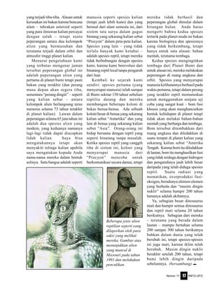 Nomor 11 INFO-UFO17
yang terjadi tiba-tiba. Alasan untuk
kerusakan ini bukan karena bencana
alam – tabrakan asteroid seperti
yang para ilmuwan kalian percayai
dengan salah – tetapi suatu
peperangan antara dua kelompok
alien yang bermusuhan dan
terutama terjadi dalam orbit dan
atmosfer tinggi planet kalian.
Menurut pengetahuan kami
yang terbatas mengenai jaman
tersebut peperangan global ini
adalah peperangan alien yang
pertama di planet bumi tetapi pasti
bukan yang terakhir (dan perang
masa depan akan segera tiba,
sementara “perang dingin” – seperti
yang kalian sebut – antara
kelompok alien berlangsung terus
menerus selama 73 tahun terakhir
di planet kalian). Lawan dalam
peperangan selama 65 juta tahun ini
adalah dua spesies alien yang
modern, yang keduanya namanya
lagi-lagi tidak dapat diucapkan
lidah kalian. Saya bisa
mengatakannya tetapi akan
menyakiti telinga kalian apabila
saya mengatakan kepada Anda
nama-nama mereka dalam bentuk
aslinya. Satu bangsa adalah seperti
manusia seperti spesies kalian
(tetapi jauh lebih kuno) dan yang
berasal dari alam semesta ini, dari
sistem tata surya dalam gugus
bintang yang sekarang kalian sebut
“Procyon” dalam peta-peta kalian.
Spesies yang lain – yang tidak
terlalu banyak kami ketahui –
adalah spesies reptil, tetapi mereka
tidak berhubungan dengan spesies
kami, karena kami berevolusi dari
binatang reptil local tanpa pengaruh
dari luar.
Kembali ke sejarah kami
sendiri: spesies pertama (yang
menyerupai manusia) telah sampai
di Bumi sekitar 150 tahun sebelum
reptilia datang dan mereka
membangun beberapa koloni di
bekas benua-benua. Ada sebuah
koloni besar di benua yang sekarang
kalian sebut “Antartika” dan yang
lain di benua yang sekarang kalian
sebut “Asia”. Orang-orang ini
hidup bersama dengan reptil yang
seperti binatang tanpa masalah.
Ketika spesies reptil yang canggih
tiba di sistem ini, koloni yang
menyerupai manusia dari
“Procyon” mencoba untuk
berkomunikasi secara damai, tetapi
mereka tidak berhasil dan
peperangan global dimulai dalam
hitungan bulan. Anda harus
mengerti bahwa kedua spesies
tertarik pada planet muda ini bukan
karena biologinya dan spesiesnya
yang tidak berkembang, tetapi
hanya untuk satu alasan: bahan
mentah, terutama tembaga.
Kedua spesies menginginkan
tembaga dari Planet Bumi dan
untuk alasan ini, mereka melakukan
peperangan di ruang angkasa dan
orbit. Spesies yang menyerupai
manusia kelihatannya berhasil pada
waktu pertama, tetapi dalam perang
yang terakhir reptil memutuskan
untuk menggunakan senjata uji
coba yang sangat kuat – bom fusi
khusus yang akan menghancurkan
bentuk kehidupan di planet tetapi
tidak akan melukai bahan-bahan
mentah yang berharga dan tembaga.
Bom tersebut ditembakkan dari
ruang angkasa dan diledakkan di
suatu tempat di planet kalian yang
sekarang kalian sebut “Amerika
Tengah. Karena bom itu diledakkan
di lautan, bom itu menghasilkan fusi
yang tidak terduga dengan hidrogen
dan pengaruhnya jauh lebih besar
daripada yang telah diduga spesies
reptil. Suatu radiasi yang
mematikan, overproduksi fusi-
oksigen, beradunya elemen-elemen
yang berbeda dan “musim dingin
nuklir” selama hampir 200 tahun
lamanya adalah akibatnya.
Ya, sebagian besar dinosaurus
mati dan hampir semua dinosaurus
dan reptil mati selama 20 tahun
berikutnya. Sebagian dari mereka
– terutama yang berada dalam
lautan – mampu bertahan selama
200 sampai 300 tahun berikutnya
bahkan dalam dunia yang telah
berubah ini, tetapi spesies-spesies
ini juga mati, karena iklim telah
berubah. Musim dingin nuklir
berakhir setelah 200 tahun, tetapi
bumi lebih dingin daripada
sebelumnya. (bersambung) e
Beberapa jenis alien
reptilian seperti yang
dilaporkan oleh para
saksi yang melihat
mereka. Gambar atas
menunjukkan alien
yang muncul di
Missouri pada tahun
1991 dan melakukan
penculikan.
 