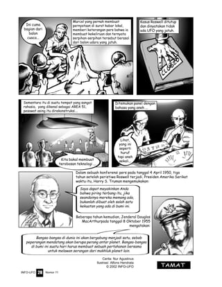 Nomor 11INFO-UFO 28
Marcel yang pernah membuat
pernyataan di surat kabar lokal,
memberi keterangan pers bahwa ia
membuat kekeliruan dan ternyata
serpihan-serpihan tersebut berasal
dari balon udara yang jatuh.
Kasus Roswell ditutup
dan dinyatakan tidak
ada UFO yang jatuh.
Sementara itu di suatu tempat yang sangat
rahasia, yang dikenal sebagai AREA 51,
pesawat asing itu direkonstruksi...
Ditemukan panel dengan
bahasa yang aneh ...
Kita bakal membuat
terobosan teknologi ...
Lihat,
yang ini
seperti
huruf
tapi aneh
sekali...
Ini cuma
bagian dari
balon
cuaca...
TAMAT
Beberapa tahun kemudian, Jenderal Douglas
MacArthurpada tanggal 8 Oktober 1955
mengatakan:
Saya dapat meyakinkan Anda
bahwa piring terbang itu, jika
seandainya mereka memang ada,
bukanlah dibuat oleh salah satu
kekuatan yang ada di bumi ini.
Dalam sebuah konferensi pers pada tanggal 4 April 1950, tiga
tahun setelah peristiwa Roswell terjadi, Presiden Amerika Serikat
waktu itu, Harry S. Truman mengemukakan:
Bangsa-bangsa di dunia ini akan bergabung menjadi satu, sebab
peperangan mendatang akan berupa perang antar planet. Bangsa-bangsa
di bumi ini suatu hari harus membuat sebuah pertahanan bersama
untuk melawan serangan dari makhluk planet lain.
Cerita: Nur Agustinus
Ilustrasi: Alfons Hendrata
© 2002 INFO-UFO
 