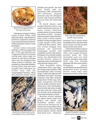 Nomor 11 INFO-UFO37
keluarganya temukan di ladang
mereka di tahun 1930an, tetapi
telah lama hilang. Sejarah Spanyol
purbakala melaporkan bebatuan
yang serupa ditemukan di kuburan-
kuburan purbakala sebelum zaman
penaklukan.
Koleksi Cabrera berjumlah
lebih dari 11.000 batu dengan lebih
dari 15.000 yang diketahui ada.
Tempat persembunyian yang besar
tersibak pada waktu sungai Ica
meluap ke tepi-tepinya beberapa
tahun yang lalu menghancurkan
sebuah gunung di dekatnya, dan
membuka gua yang tidak diketahui.
Seorang petani yang buta huruf
mengaku telah menemukan gua
tersebut tetapi tidak mau
mengungkapkan lokasinya. Berita
akan penemuan tersebut menarik
perhatian para peneliti, dan mata
dunia beralih pada Ica.
Selanjutnya, BBC memproduksi
film dokumenter mengenai
penemuan yang sulit dimengerti
tersebut yang menarik perhatian
yang luar biasa dari Pemerintah
Peru.
Di bawah tekanan untuk
mempertahankan hukum yang
sudah berabad-abad umurnya di
negara tersebut, Pemerintah
menahan petani itu karena menjual
batu-batuan tersebut. Terancam
hukuman penjara selama bertahun-
tahun, petani tersebut menarik
kembali ceritanya mengaku bahwa
ia telah mengukir sendiri semua
15.000 buah batu tersebut. Batu-
batu tersebut dianggap suatu
penipuan, dan pemerintah
menganggap masalah yang
memalukan tersebut telah ditutup.
Kehidupan di Ica kembali berjalan
normal, atau demikianlah kisah
tersebut berjalan. Apakah ini
bagian dari upaya merahasiakan hal
yang berkaitan dengan alien?
Telah ditunjukkan bahwa
“pengetahuan teknis yang tinggi”
dari tempat-tempat kejadian, tidak
memungkinkan untuk seseorang
dengan “sedikit atau tidak memiliki
pendidikan sama sekali”, dan tanpa
pengertian yang dalam mengenai
pengetahuan ilmiah yang rumit,
dapat menggambar batu-batu
tersebut dengan demikian akurat.
Sebenarnya, telah diperhatikan,
petani tersebut akan harus memahat
satu batu setiap hari selama lebih
dari 40 tahun untuk menghasilkan
keseluruhan kumpulan tersebut!
Batu-batu tersebut terbentuk
dari andesit, batuan sungai local,
dilapisi oleh lapisan yang
disebabkan oksidasi alami.
Laboratorium-laboratorium di
Jerman telah mengesahkan bahwa
goresan-goresan yang membentuk
pahatan-pahatan tersebut adalah
benar-benar kuno. Penemuan-
penemuan fosil di daerah sekitar
menandakan bahwa daerah tersebut
penuh dengan pecahan-pecahan
tulang berusia jutaan tahun.
Cabrera berteori bahwa manusia
Gliptolithic memiliki pengetahuan
teknis yang canggih mengenai
prosedur medis dan telah
menemukan suatu cara untuk
mengatasi penolakan organ-organ
tubuh yang baru sekarang
digunakan oleh ilmu medis modern.
Serangkaian pahatan
memperlihatkan pengisolasian dan
pengambilan materi sel dalam
plasenta wanita hamil untuk
pengenalan kembali ke dalam tubuh
Salah batu menggambarkan
beberapa dinosaurus.
Batu yang lain menunjukkan
gambar detail jantung.
Apakah ini sebuah gambar peta
menunjukkan benua yang hilang?
Apakah ini gambar seorang
manusia meneropong bintang?
 