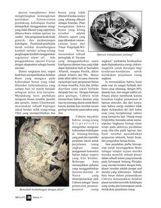 Nomor 11INFO-UFO 38
pasien transplantasi demi
menghilangkan kemungkinan
penolakan. Sistem-sistem
pendukung kehidupan buatan
ditampilkan menggunakan energi
yang tidak dikenal yang sepertinya
dibawa-bawa selama operasi itu
sendiri. Ada pengerjaan kode-kode
genetik, dan perpanjangan
kehidupan. Pembuluh-pembuluh
darah terlihat disambungkan
kembali melalui selang-selang
penghisapan kembali menggunakan
regenerasi alami sel. Ada
penggambaran operasi Caesar
dengan akupunktur sebagai bentuk
anestasi.
Dalam rangkaian lain, empat
buah batu memperlihatkan belahan
Bumi yang mengacu pada
keberadaan benua yang tidak
diketahui keberadaannya yang
sampai hari ini masih menjadi
sebagian mitos kita bersama.
Mendukung teori purbakala
mengenai benua tersebut, peneliti
dan penulis, James Churchward,
menemukan sebuah kepingan
sakral berukir milik orang-orang
Tibet yang memperlihatkan dua
benua yang tidak
dikenal di kedua sisinya
yang sekarang dikenal
sebagai Amerika. Plato
mengatakan bahwa
benua yang hilang
tersebut adalah
Atlantis, seperti yang
juga dikatakan catatan-
catatan kuno dari
Timur. Penjelajah Wil-
liam Niven,
menemukan sebuah
petrogliph di Yucatan
yang menggambarkan suatu
konfigurasi daratan luas yang tidak
dapat dijelaskan baik di Samudera
Atlantik, maupun Pasifik, dikira
adalah Atlantis dan Mu. Hanya
pada akhir-akhir ini para ilmuwan
menyetujui teori pergeseran benua
di mana Amerika, Asia, dan Afrika
diartikan sama sekali berbeda
daripada hari ini. Dengan bantuan
para geologis, Cabrera telah
memastikan bahwa daratan yang
luas itu memang akurat untuk Bumi
karena daratan luas tersebut secara
geologi terbentuk jutaan tahun yang
lalu.
Cabrera meyakini
bahwa orang-orang
G l i p t o l i t h i c
mengetahui mengenai
keberadaan kehidupan
di bintang-bintang
yang jauh dan memiliki
peralatan teknis untuk
perjalanan ruang
angkasa tanpa
penggunaan konsumsi
bahan bakar seperti
yang kita ketahui.
Beberapa batu
menunjukkan pahatan
yang menggambarkan
daratan-daratan di
Nazca yang
diinterpretasikan oleh
Cabrera sebagai “pusat
peluncuran pesawat-
pesawat ruang
angkasa” purbakala berdasarkan
pada digunakannya energi elektro-
magnetik untuk dorongan bagi
kendaraan-kendaraan untuk
melakukan perjalanan ruang
angkasa.
Ia menunjukkan bahwa bumi
pada saat itu sangat berbeda dari
bumi yang sekarang, dengan 80%
daratan luas, dan sangat sedikit air.
Situasi planet memburuk karena
kenaikan tingkat pemanasan di
lapisan atmosfer, dan dari kenya-
taan bahwa energi matahari tidak
dapat melepaskan diri dari kabut
asap yang menghalangi radiasi
yang menuju ke luar. Orang-orang
Gliptolithic berusaha untuk mema-
nipulasi lingkaran biologi alami
tetapi pada akhirnya perubahan
yang tiba-tiba pada lapisan luar
bumi tersebut menimbulkan
pergeseran tektonik, banjir besar,
dan pergerakan benua-benua.
Saat peradaban purba bersiap-
siap untuk meninggalkan Bumi
sebagai tempat tujuan mereka
mereka memilih sebuah planet
dalam sebuah sistem yang termasuk
pada kelompok bintang Pleiades
yang mereka ketahui dengan baik,
planet tersebut adalah tempat asal
mereka yang sebenarnya. Sebuah
batu besar dalam perpustakaan
Cabrera menunjukkan belahan
planet tersebut memiliki kehidupan
yang cerdas dan kemampuan untuk
melakukan perjalanan ruang
Operasi transplantasi jantung?
Benarkah berhubungan dengan alien?
 