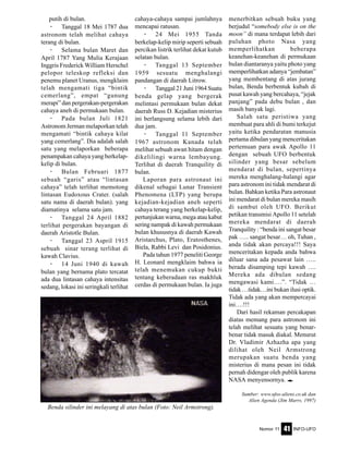 Nomor 11 INFO-UFO41
putih di bulan.
· Tanggal 18 Mei 1787 dua
astronom telah melihat cahaya
terang di bulan.
· Selama bulan Maret dan
April 1787 Yang Mulia Kerajaan
Inggris Frederick William Herschel
pelopor teleskop refleksi dan
penemu planet Uranus, mengklaim
telah mengamati tiga “bintik
cemerlang”, empat “gunung
merapi” dan pergerakan-pergerakan
cahaya aneh di permukaan bulan.
· Pada bulan Juli 1821
Astronom Jerman melaporkan telah
mengamati “bintik cahaya kilat
yang cemerlang”. Dia adalah salah
satu yang melaporkan beberapa
penampakan cahaya yang berkelap-
kelip di bulan.
· Bulan Februari 1877
sebuah “garis” atau “lintasan
cahaya” telah terlihat memotong
lintasan Eudoxous Crater. (salah
satu nama di daerah bulan). yang
diamatinya selama satu jam.
· Tanggal 24 April 1882
terlihat pergerakan bayangan di
daerah Aristotle Bulan.
· Tanggal 23 Aspril 1915
sebuah sinar terang terlihat di
kawah Clavius.
· 14 Juni 1940 di kawah
bulan yang bernama plato tercatat
ada dua lintasan cahaya intensitas
sedang, lokasi ini seringkali terlihat
cahaya-cahaya sampai jumlahnya
mencapai ratusan.
· 24 Mei 1955 Tanda
berkelap-kelip mirip seperti sebuah
percikan listrik terlihat dekat kutub
selatan bulan.
· Tanggal 13 September
1959 sesuatu menghalangi
pandangan di daerah Litrow.
· Tanggal 21 Juni 1964 Suatu
benda gelap yang bergerak
melintasi permukaan bulan dekat
daerah Russ D. Kejadian misterius
ini berlangsung selama lebih dari
dua jam.
· Tanggal 11 September
1967 astronom Kanada telah
melihat sebuah awan hitam dengan
dikelilingi warna lembayung.
Terlihat di daerah Tranquility di
bulan.
Laporan para astronaut ini
dikenal sebagai Lunar Transient
Phenomena (LTP) yang berupa
kejadian-kejadian aneh seperti
cahaya terang yang berkelap-kelip,
pertunjukan warna, mega atau kabut
sering nampak di kawah permukaan
bulan khususnya di daerah Kawah
Aristarchus, Plato, Eratosthenes,
Biela, Rabbi Levi dan Posidonius.
Pada tahun 1977 peneliti George
H. Leonard mengklaim bahwa ia
telah menemukan cukup bukti
tentang keberadaan ras makhluk
cerdas di permukaan bulan. Ia juga
menerbitkan sebuah buku yang
berjudul “somebody else is on the
moon” di mana terdapat lebih dari
puluhan photo Nasa yang
memperlihatkan beberapa
keanehan-keanehan di permukaan
bulan diantaranya yaitu photo yang
memperlihatkan adanya “jembatan”
yang membentang di atas jurang
bulan, Benda berbentuk kubah di
pusat kawah yang bercahaya, “jejak
panjang” pada debu bulan , dan
masih banyak lagi.
Salah satu peristiwa yang
membuat para ahli di bumi terkejut
yaitu ketika pendaratan manusia
pertama dibulan yang menceritakan
pertemuan para awak Apollo 11
dengan sebuah UFO berbentuk
silinder yang besar sebelum
mendarat di bulan, sepertinya
mereka menghalang-halangi agar
para astronom ini tidak mendarat di
bulan. Bahkan ketika Para astronaut
ini mendarat di bulan mereka masih
di sambut oleh UFO. Berikut
petikan transmisi Apollo 11 setelah
mereka mendarat di daerah
Tranquility : “benda ini sangat besar
pak ….. sangat besar… oh, Tuhan ,
anda tidak akan percaya!!! Saya
menceritakan kepada anda bahwa
diluar sana ada pesawat lain …..
berada disamping tepi kawah ….
Mereka ada dibulan sedang
mengawasi kami….”. “Tidak …
tidak …tidak…ini bukan ilusi optik.
Tidak ada yang akan mempercayai
ini….!!!
Dari hasil rekaman percakapan
diatas memang para astronom ini
telah melihat sesuatu yang benar-
benar tidak masuk diakal. Menurut
Dr. Vladimir Azhazha apa yang
dilihat oleh Neil Armstrong
merupakan suatu benda yang
misterius di mana pesan ini tidak
pernah didengar oleh publik karena
NASA menyensornya. e
Sumber: www.ufos-aliens.co.uk dan
Alien Agenda (Jim Marrs, 1997)
Benda silinder ini melayang di atas bulan (Foto: Neil Armstrong).
 