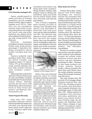 Nomor 11INFO-UFO 6
UFO di Kanada meningkat 42%
Namun, sejumlah peneliti di
sebuah universitas di Winnipeg
mengatakan, tak jelas mengapa
Kanada memiliki laporan tahunan
mengenai survei UFO ini. “Kami
pikir, bisa saja kemungkinan
sejumlah orang melihat sesuatu
yang memang benar, atau mungkin
saja banyak orang yang peduli
bagaimana atau apakah mereka
harus melaporkan benda-benda itu,”
ujar salah seorang peneliti, Chris
Rutkowski.
Rutkowski mengatakan
peningkatan ketakutan masyarakat
Kanada terjadi setelah peristiwa
penyerangan 11 September di AS,
hingga meningkatnya laporan
menjadi meningkat pada awal
tahun.
Tigaratus tujuhpuluh empat
peninjauan dirilis Selasa, datang
dari British Columbia yang
menghitung adanya 123 laporan.
“Sekitar 15% tak bisa dijelaskan,
sisanya memiliki penjelasan atau
kami tidak memiliki informasi
untuk melakukan evaluasi,”
ujarnya.
Daftar pengamatan yang tak bisa
dijelaskan termasuk sebuah corong
api yang menyebabkan terjadinya
kawah lebih dari 30 meter di sebuah
wilayah Alberta. “Beberapa
astronom dan ahli meteor telah
diikutsertakan, namun memutuskan
kawah itu bukan berasal dari
meteorit,” ujar Rutkowski. (Elvy
Yusanti/Satunet.com)
Tanda Pengenal Microchip
Sejak tahun 1991, sebuah
perusahaan elektronik Amerika
telah menjual lebih dari delapan juta
microchip yang dipasang pada
hewan piaraan seperti anjing dan
kucing. Tujuannya adalah untuk
menemukan hewan piaraan yang
hilang dalam waktu secepatnya.
Dengan demikian, kalaupun tanda
pengenal anjing itu dibuang oleh
penculiknya, anjing yang diculik
tadi bisa dilacak dengan mudah
lewat mikrochip yang dipasang
pada tubuhnya.
Voice of America melaporkan
bahwa teknologi microchip itu
sekarang mulai diterapkan pada
manusia yang dipasangkan di
bawah kulit, lewat suatu proses
yang cepat dan tidak menimbulkan
rasa sakit. Alat elektronik yang
dipasang itu hanya sebesar butir
beras, tapi berisi data lengkap
tentang orang yang bersangkutan.
Hal ini mengingatkan pada proses
implant yang dilakukan oleh alien
kepada para korban penculikan.
Apakah ini merupakan teknologi
yang sama?
Rusia deteksi air di Mars
Peralatan Rusia dalam wahana
Odyssey milik NASA (Badan
Penerbangan dan Antariksa
Nasional AS) menemukan bukti
terdapat es dalam jumlah besar di
permukaan planet Mars. Instrumen
yang memeriksa tanah planet Mars
menemukan es di bagian bawah
lahan seluas 10 juta km persegi di
kutub selatan planet tersebut, kata
Kepala Lembaga Penelitian
Antariksa Rusia Igor Mitrofanov,
seperti dikutip kantor berita Ria
Novosti. Air beku juga ditemukan
di lereng-lereng Gunung Olympus
Mars. Gunung itu berketinggian 26
km dan merupakan gunung tertinggi
dalam tata surya yang berpusat pada
matahari, kata Mitrofanov
menambahkan.
Kawasan itu mestinya menjadi
yang pertama yang akan diperiksa
untuk menelusuri jejak kehidupan
setempat dan menjadi tempat
pendaratan pertama bagi para
astronot yang akan melakukan
penerbangan ke Mars. Penemuan
air akan sangat membantu misi
mereka, demikian ilmuwan
tersebut. Odyssey memasuki orbit
planet Mars pada Oktober tahun
lalu setelah melakukan perjalanan
selama 200 hari dengan menempuh
jarak 460 juta km.
Misi yang memakan biaya 300
juta dolar AS itu dianggap sebagai
kelanjutan eksplorasi Mars oleh
NASA dan merupakan program
baru pertama yang diluncurkan
sejak kegagalan pendaratan dua
penerbangan sejenis di Mars pada
tahun 1999. Wahana antariksa itu
mengangkut sistem pencitraan
emisi panas, spektrometer sinar
gamma yang memuat detektor
netron berenergi tinggi, dan alat
penguji coba lingkungan radiasi
Mars. Adanya cadangan air juga
memberi kemungkinan adanya
kehidupan di planet Mars. (Charles
M Siahaan/Satunet.com)
Kalau orang yang dipasangi
mikrochip seperti itu terlibat
kecelakaan, para dokter atau pejabat
rumah sakit bisa dengan cepat
mengetahui siapa orang itu, lengkap
dengan sejarah kesehatan dan alat-
alat yang dipasang atau
dicangkokkan pada tubuhnya.
Teknologi microchip ini juga
bisa dipakai sebagai alat identifikasi
yang tidak bisa dipalsukan bagi para
petugas atau pejabat perusahaan,
disamping menggunakan tanda
pengenal lain seperti kartu
elektronik, sidik jari dan pola
selaput jala mata. Teknologi itu juga
bisa diterapkan untuk memantau
kegiatan penjahat yang sedang
menjalani tahanan luar.
Implant terlihat dengan Sinar X
M o n i t o r
 