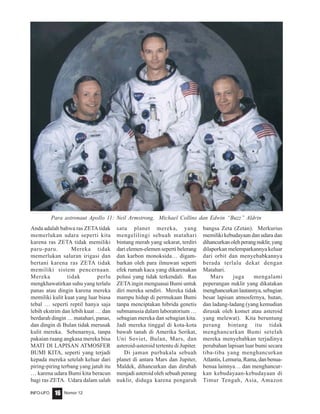 Nomor 12INFO-UFO 16
Anda adalah bahwa ras ZETAtidak
memerlukan udara seperti kita
karena ras ZETA tidak memiliki
paru-paru. Mereka tidak
memerlukan saluran irigasi dan
bertani karena ras ZETA tidak
memiliki sistem pencernaan.
Mereka tidak perlu
mengkhawatirkan suhu yang terlalu
panas atau dingin karena mereka
memiliki kulit kuat yang luar biasa
tebal … seperti reptil hanya saja
lebih ekstrim dan lebih kuat … dan
berdarah dingin … matahari, panas,
dan dingin di Bulan tidak merusak
kulit mereka. Sebenarnya, tanpa
pakaian ruang angkasa mereka bisa
MATI DI LAPISAN ATMOSFER
BUMI KITA, seperti yang terjadi
kepada mereka setelah keluar dari
piring-piring terbang yang jatuh itu
… karena udara Bumi kita beracun
bagi ras ZETA. Udara dalam salah
satu planet mereka, yang
mengelilingi sebuah matahari
bintang merah yang sekarat, terdiri
dari elemen-elemen seperti belerang
dan karbon monoksida… digam-
barkan oleh para ilmuwan seperti
efek rumah kaca yang dikarenakan
polusi yang tidak terkendali. Ras
ZETAingin menguasai Bumi untuk
diri mereka sendiri. Mereka tidak
mampu hidup di permukaan Bumi
tanpa menciptakan hibrida genetis
submanusia dalam laboratorium …
sebagian mereka dan sebagian kita.
Jadi mereka tinggal di kota-kota
bawah tanah di Amerika Serikat,
Uni Soviet, Bulan, Mars, dan
asteroid-asteroid tertentu di Jupiter.
Di jaman purbakala sebuah
planet di antara Mars dan Jupiter,
Maldek, dihancurkan dan dirubah
menjadi asteroid oleh sebuah perang
nuklir, diduga karena pengaruh
bangsa Zeta (Zetan). Merkurius
memiliki kebudayaan dan udara dan
dihancurkanolehperangnuklir,yang
dilaporkan melemparkannya keluar
dari orbit dan menyebabkannya
berada terlalu dekat dengan
Matahari.
Mars juga mengalami
peperangan nuklir yang dikatakan
menghancurkan lautannya, sebagian
besar lapisan atmosfernya, hutan,
dan ladang-ladang (yang kemudian
dirusak oleh komet atau asteroid
yang melewat). Kita beruntung
perang bintang itu tidak
menghancurkan Bumi setelah
mereka menyebabkan terjadinya
perubahan lapisan luar bumi secara
tiba-tiba yang menghancurkan
Atlantis,Lemuria,Rama,danbenua-
benua lainnya… dan menghancur-
kan kebudayaan-kebudayaan di
Timur Tengah, Asia, Amazon
Para astronaut Apollo 11: Neil Armstrong, Michael Collins dan Edwin “Buzz” Aldrin
 
