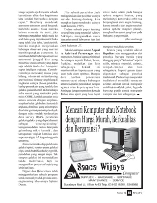 Nomor 12 INFO-UFO49
image seperti apa kira-kira sebuah
kecerdasan alien dan bagaimana
kita sendiri berevolusi dengan
cepat.” Bradbury mendesak
astronom-astronom untuk bergerak
melebihi asumsi biasa mereka
bahwa semesta itu mati, jika
beberapa peradaban telah maju ke
arah batas yang diijinkan oleh fisika
yang telah kita tahu, karakteristik
mereka mungkin menjelaskan
beberapa observasi yang saat ini
membingungkan astronom. Ia
membuat daftar beberapa observasi
astronomi janggal kita yang
misterius secara umum yang dapat
saja adalah tanda dari komputer
super inteligen raksasa. Contoh-
contohnya mencakup massa yang
hilang, observasi mikrolensing
gravitasional, bintang yang hilang di
lingkaran cahaya (halo) galaktika,
kerlap permukaan yang rendah, dan
galaksi-galaksi kerdil, akibat cahaya
infra merah yang terdeteksi pada
misis COBE, ketidaksesuaian usia
antara semesta dengan serpihan-
serpihan bulat (globular clusters) di
angkasa, distribusi yang anisotropies
di sekitar galaksi pada obyek-obyek
dengan suhu rendah berdasarkan
data survey IRAS, peraturan
galaksi-galaksi yang dapat diamati
sebagai ‘dinding-dinding’
keragaman dalam radiasi latar pada
gelombang mikro kosmik , dan
keragaman tingkat kemilau dari
supernova type I-A tergantung pada
umurnya.
Annis memeriksa tigapuluh satu
galaksi spiral, seratus enam galaksi
elips,untukbuktiKardasheytypeIII,
peradaban yang sangat maju. Tak
satupun galaksi ini menunjukkan
tanda modifikasi, tapi ia
mengusulkan pencarian lanjut yang
lebih hati-hati.
Tilgner dan Heinrichsen telah
menggambarkan sebuah program
untuk mencari produk-produk astro-
engineering khususnya Sphere
Dyson.
Jika sebuah peradaban jauh
menggunakan alat pelontar cahaya
melalui bintang-bintang, kita
mungkin dapat mendeteksi cahaya
itu (Clements, 1999).
Dalam sebuah paper tentang
strategi baru yang potensial, Alexey
Arkhipov mengusulkan suatu
pencarian untuk kebocoran luas dari
emisi radio alami pada banyak
sphere magnet buatan, yang
melindungi konstruksi orbit tak
berpenghuni dari angin bintang,
karena interaksi dari angin matahari
untuk sphere magnet planet,
menghasilkan emisi yang kuat pada
frekuensi yang rendah.
(Bersambung)
Teknik kedelapan adalah Appeal
to Spiritual Personages atau
memohon, berdoa kepada Spiritual
Personages seperti Tuhan, Jesus,
Buddha, malaikat dan lain
sebagainya. Teknik ini
membutuhkan kepercayaan yang
kuat pada alam spiritual. Banyak
dari korban penculikan
mempercayai adanya hubungan
antara skenario penculikan dengan
agama atau kepercayaan lain.
Sehingga dengan memohon kepada
Tuhan atau spirit yang lain dapat
mengusir makhluk tersebut.
Teknik yang terakhir adalah
Repellent atau menggunakan alat
penolak berupa benda yang
dianggap punya “kekuatan” seperti
salib, minyak esensial, azimat,
rempah-rempah dan lain
sebagainya. Seperti garam dapat
digunakan sebagai penolak
tradisional. Pada setiap masyarakat
tradisional memiliki semacam
azimat-azimat untuk mengusir
makhluk-makhluk jahat, legenda
bawang putih untuk mengusir
vampire dan lain sebagainya. eeeee
Dari halaman 27.
 