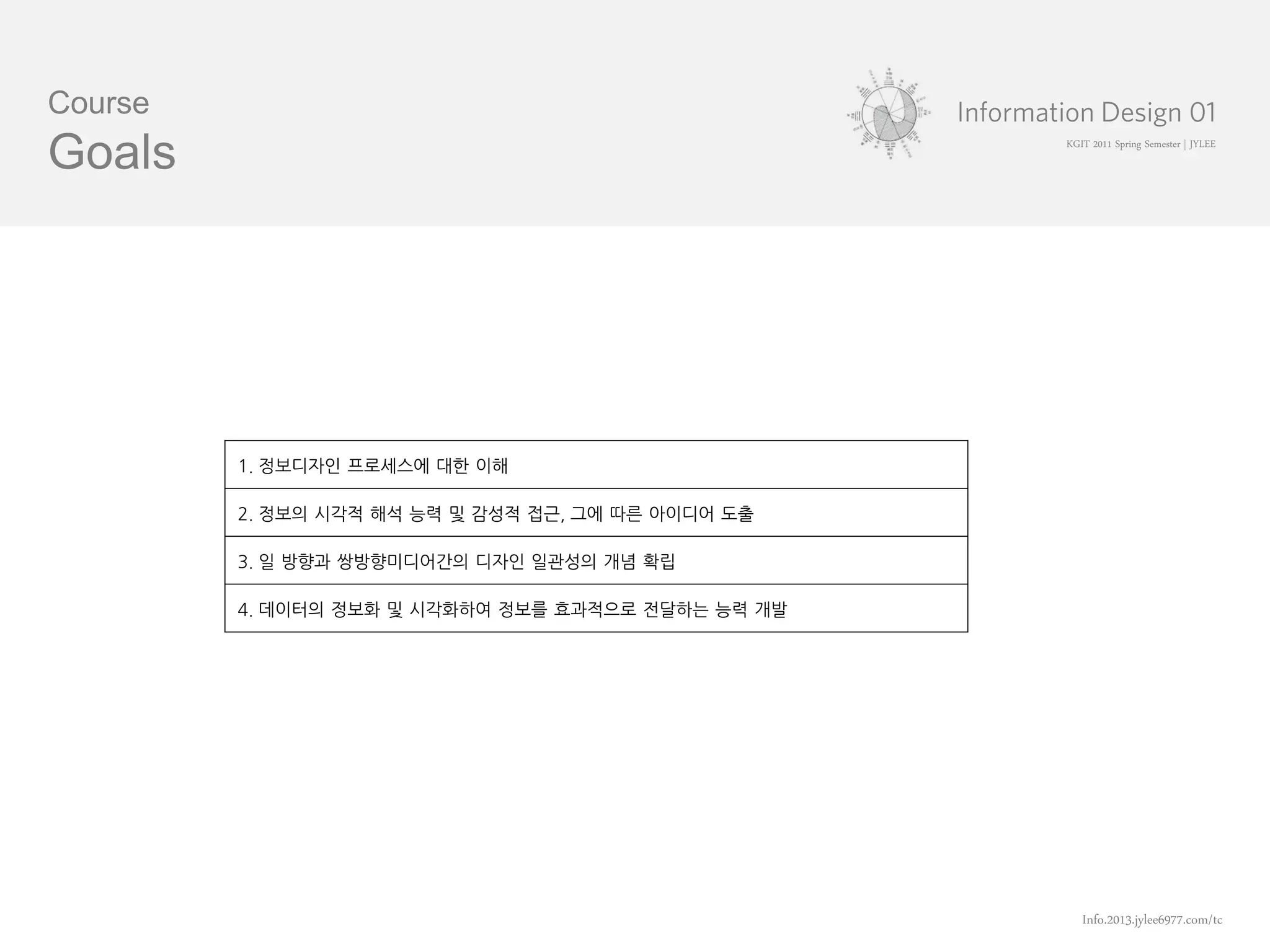 Course
Goals                                               KGIT 2011 Spring Semester | JYLEE




         1. 정보디자인 프로세스에 대핚 이해

         2. 정보의 시각적 해석 능력 및 감성적 접근, 그에 따른 아이디어 도출

         3. 일 방향과 쌍방향미디어간의 디자인 일관성의 개념 확립

         4. 데이터의 정보화 및 시각화하여 정보를 효과적으로 전달하는 능력 개발




                                                       Info.2013.jylee6977.com/tc
 