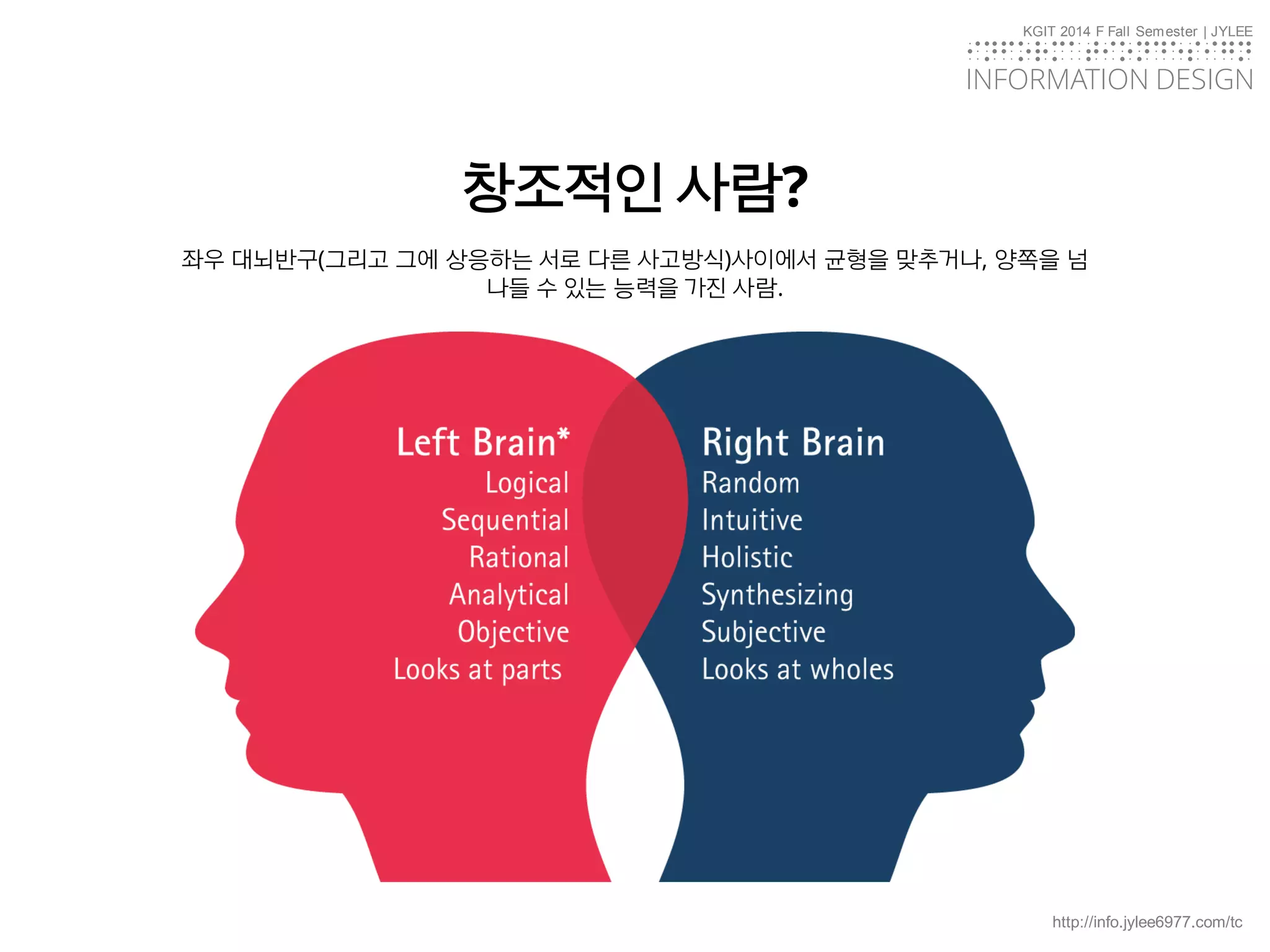 KGIT 2014 F Fall Semester | JYLEE
INFORMATION DESIGN
INFORMATIONDESIGN
http://info.jylee6977.com/tc
좌우 대뇌반구(그리고 그에 상응하는 서로 다른 사고방식)사이에서 균형을 맞추거나, 양쪽을 넘
나들 수 있는 능력을 가진 사람.
창조적인 사람?
 