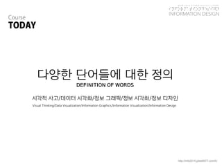 KGIT 2014 F Fall Semester | JYLEE 
INFORMATION DESIGN 
INFORMATIONDESIGN 
http://info2014.jylee6977.com/tc 
다양한단어들에대한정의 
DEFINITION OF WORDS 
시각적사고/데이터시각화/정보그래픽/정보시각화/정보디자인 
Visual Thinking/Data Visualization/Information Graphics/Information Visualization/Information Design  