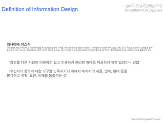 KGIT 2014 F Fall Semester | JYLEE 
INFORMATION DESIGN 
INFORMATIONDESIGN 
http://info2014.jylee6977.com/tc 
와나타베야스시 
1965년생. 히로사키대학교인문학부졸업후정보통신업계지기자를거쳐프리랜서로정보디자인이나디지털미디어관련취재, 집필, 기획, 조사, 워크숍운영이나강연활동등에종사하고잇다. 저서로「정보디자인입문:인터넷시대의표현술」등이있으며현재차세대디자인조사연구를위한NPO법인휴먼센터디자인이니셔티브이사로활동하고있다. 
“정보를다른사람이이해하기쉽고이용하기편리한형태로제공하기위한발상이나방법” 
“수신자의정보에대한요구를만족시키기위해서메시지의내용, 언어, 형태등을 
분석하고계획, 표현, 이해를통합하는것” 
Definition of Information Design  