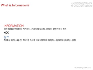 KGIT 2014 F Fall Semester | JYLEE 
INFORMATION DESIGN 
INFORMATIONDESIGN 
http://info2014.jylee6977.com/tc 
INFORMATION 
어떤형상을부여한다. 지시하다. 가르치다.알리다. 전하다. 발신지향적성격 
VS 
정보 
정(情)을알리는(報)것. 정보그자체를서로공유하고협력하는참여성을중시하는경향 
What is Information?  