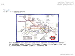 KGIT 2014 F Fall Semester | JYLEE 
INFORMATION DESIGN 
INFORMATIONDESIGN 
http://info2014.jylee6977.com/tc 
도심의지하를종횡으로연결하는런던의복잡한지하철네트워크를표현하기위해벡은지리적인디테일을배제하고각노선을컬러코딩에의해식별할수있도록해서단순하면서도필요한정보를충분히표현하한노선도를디자인.벡이만들어낸스타일은지금까지도계승되어세계각도시철도노선도디자인에커다란영향 
|역사| 
절제의미학 
해리벡(Harry Beck)의런던지하철노선도(1933)  