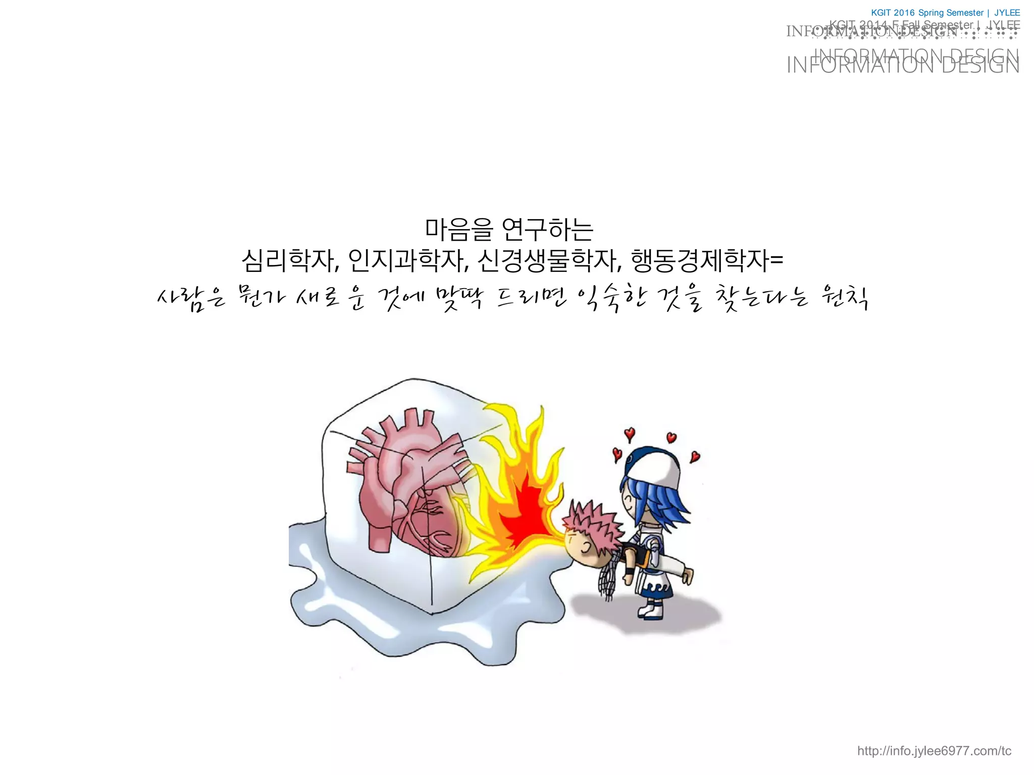 KGIT 2016 Spring Semester | JYLEE
INFORMATION DESIGN
INFORMATIONDESIGN
http://info.jylee6977.com/tc
KGIT 2014 F Fall Semester | JYLEE
INFORMATION DESIGN
INFORMATIONDESIGN
마음을 연구하는
심리학자, 인지과학자, 신경생물학자, 행동경제학자=
사람은 뭔가 새로운 것에 맞딱 드리면 익숙한 것을 찾는다는 원칙
 
