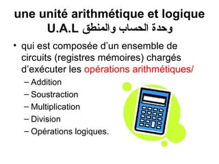 une unité arithmétique et logique
U.A.L ‫وحدة الحساب والمنطق‬
• qui est composée d’un ensemble de
circuits (registres mémoires) chargés
d’exécuter les opérations arithmétiques/
– Addition
– Soustraction
– Multiplication
– Division
– Opérations logiques.

 