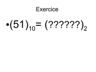 Exercice

•(51)10= (??????)2

 