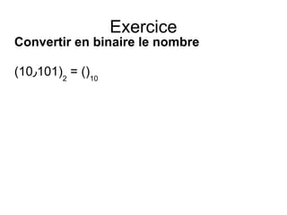Exercice
Convertir en binaire le nombre
(10٫101)2
= ()10
 